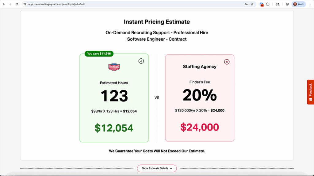 Instant Pricing Estimate mage | Platform Page | The Recruiting Squad
